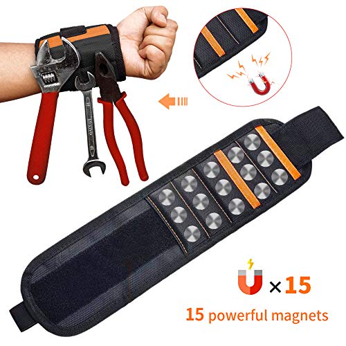 Jusale Magnetic Wristband Adjustment Strong Tool Belt with 2 Pockets for Holding Screws Nails Drill Bits
