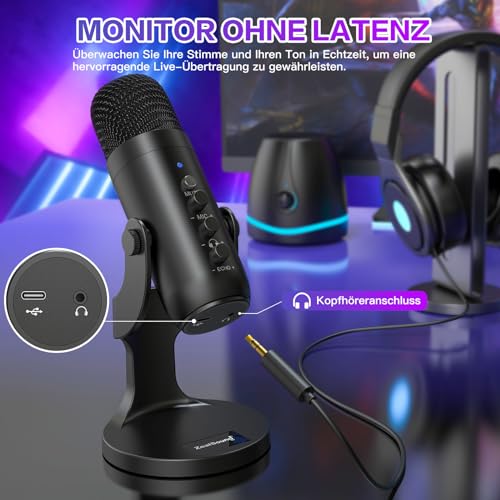 zealsound USB-C Condenser Microphone for PC, Mobile Phone, PS4, PS5, for Gaming, Podcast, Recording, Streaming, ASMR with Mute/Gain/Echo, Adapter for Phone, Compatible with Mac, Winows