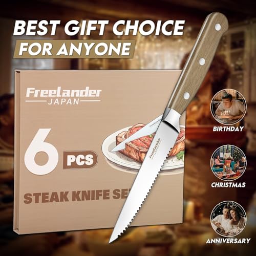 Freelander 6-piece Meat Knife Set, Table Knives with Serrated Edge and Ergonomic Wooden Handle, Sharp Steak Knives for Cutting Steak and Meat