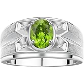 Rylos Men's Rings Classic Designer Style 8X6MM Oval Gemstone & Diamond Ring - Color Stone Birthstone Rings for Men, Sterling Silver Ring in Sizes 8-13.