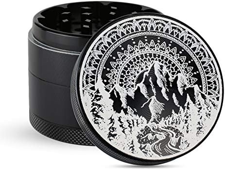 Custom Engraved Herb Grinder with Mountain Mandala Design, 2.25 inch, 5-Part Aluminum with Pollen Screen, Magnetic Top and Scraper by Topboro