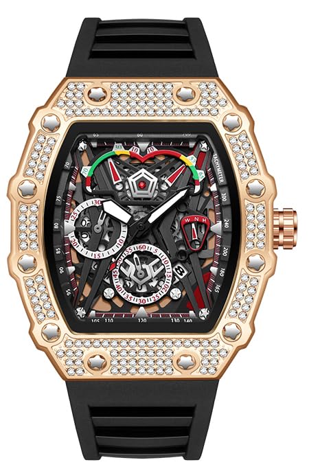 FANMIS Men's Chronograph, Punk, Diamond, Fashionable Style, Silicone Strap, Sports Watch, Black-rose