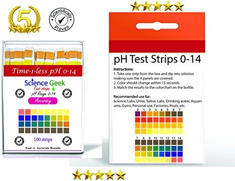 Professional, Lab Tested pH Test Strips for (Research, Health, Labs, Urine and Saliva) with 4 testing panels for increased accuracy: pH Dip Sticks (100 Count, Full pH Range from 0 to 14). ScienceGeek!