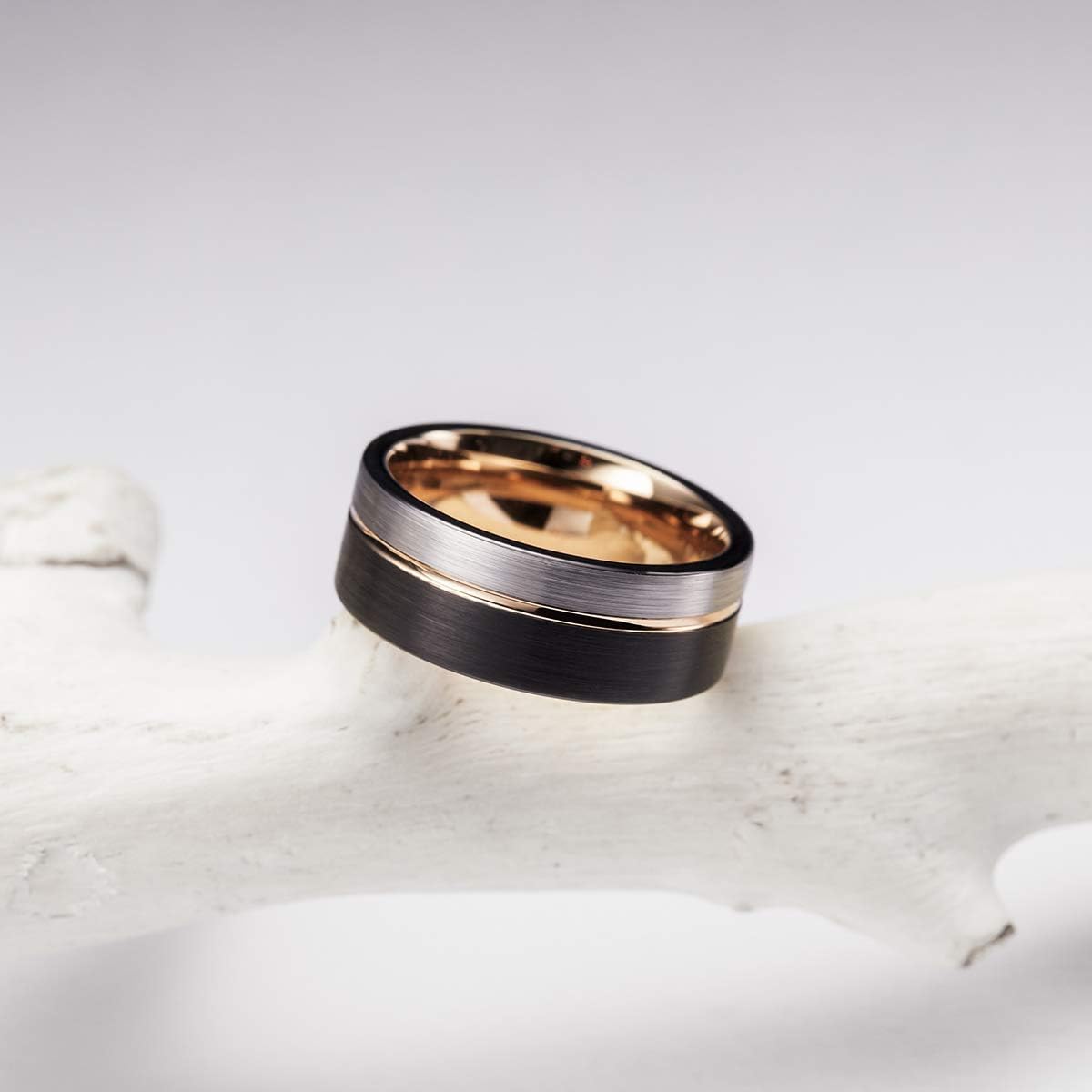 King Will LOOP Tungsten Carbide Wedding Band 6mm/8mm Rose Gold Line Ring Black and Silver Brushed Comfort Fit | 