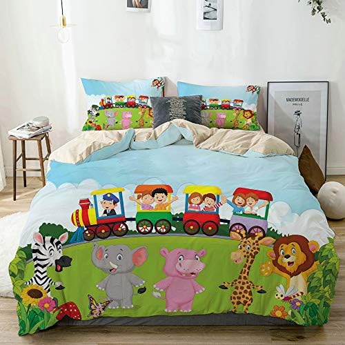 JOSENI Duvet Cover Set Cartoon Happy Children Safari Print Beige Decorative 3 Piece Bedding Set with 2 Pillow Shams Queen Size
