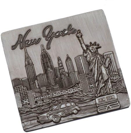 Square New York Souvenir Metal Magnet NYC Skyline Statue of Liberty NY Chrysler Building Empire State Building Hudson River NY Taxi Brooklyn Bridge Metal Magnet