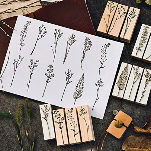 Ioffersuper 6 Pcs Decorative Wooden Stamps with Leaf Plant Pattern, Rubber Stamp Set for Scrapbooking DIY Card Making