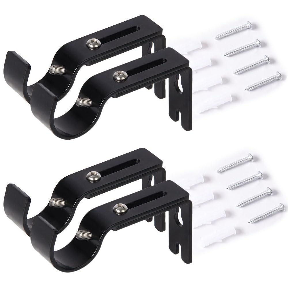 Bmeigo 4PCS Curtain Pole Brackets with Screws Set, Metal Curtain Rod Holder Adjustable Anti-Rust Heavy Duty for Curtain Pole, Wall Rod Hanging Brackets (Fits Up to 25mm Poles, Black)