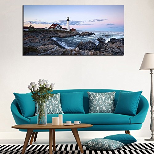 Wieco Art Portland Lighthouse Canvas Prints Wall Art Ocean Sunset Beach Seascape Pictures Paintings for Living Room…