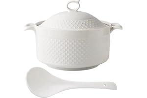 FENNVV Ceramic Serving Soup Tureen with Lid, Large Porcelain Soup Serving Bowl with Handle and Ladle Ceramic Pot for Salad Pa