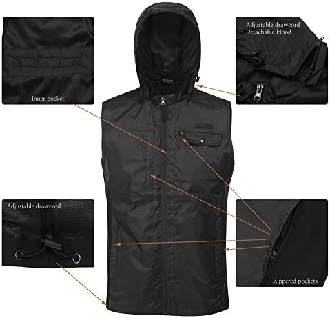 Mens Casual Multi-Pockets Full-Zip Detachable Hood Vest For Outdoors Travels Sports (Black, US Large L (Tag XL))