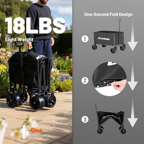 Carrello Pieghevole da Giardino 200L 180KG, Carretto da Spiaggia con Grandi Ruote, Carrelli da Trasporto con Maniglia Regolabile per Campeggio, Shopping e Attività All'aperto (Nero)
