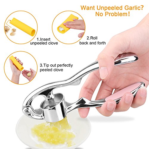 Garlic Press and Peeler Set garlic mincer Stainless Steel Kitchen Garlic Mincer and Professional Heavy Soft-Handled (wihte1)