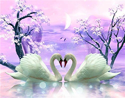 ZHENC 5D DIY Square Diamond Painting Drawing Crafts Pair of Swans on Lake with Flowering Trees Under Purple Sky Landscape Embroidery Needlework Full Drill Decor Cross Stitch Kits