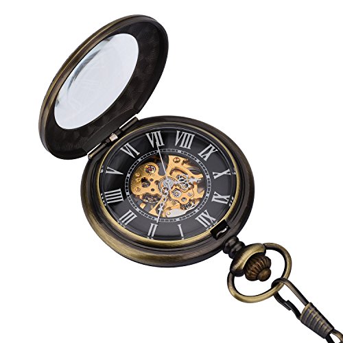 Zeiger New Mens Classic Mechanical Steampunk Pocket Watch, Stainless Steel Copper Case Skeleton Roman Design, Pocket Watch with Chain (Bronze)