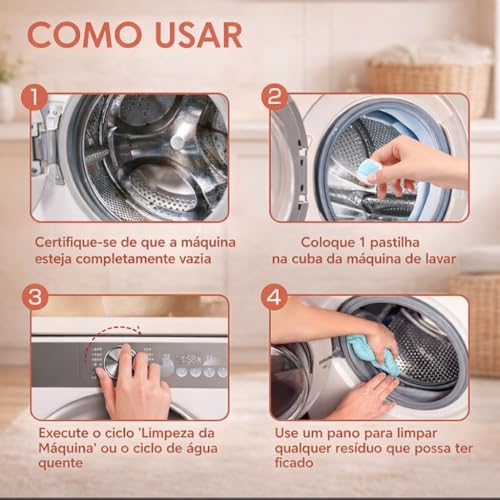 Kit 12 Pastilhas Premium para Limpeza de Máquina de Lavar, Remove Odor, Resíduos, Sujeiras, Higieniza e Dá Brilho no Cesto de Roupas