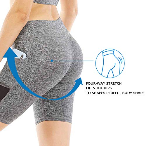 YASEN ART Women\'s Compression Workout Shorts with Side Pockets Tummy Control High Waist Yoga Shorts Athletic Running Shorts Grey