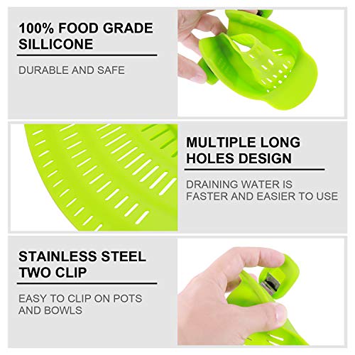 SOOHAO Snap Strainer Kitchen Food Strainers Clip-on Strainer with Cooking Tongs Heat Resistant Silicone, Universal Fit On All Pots and Bowls Home Cooking（Green）