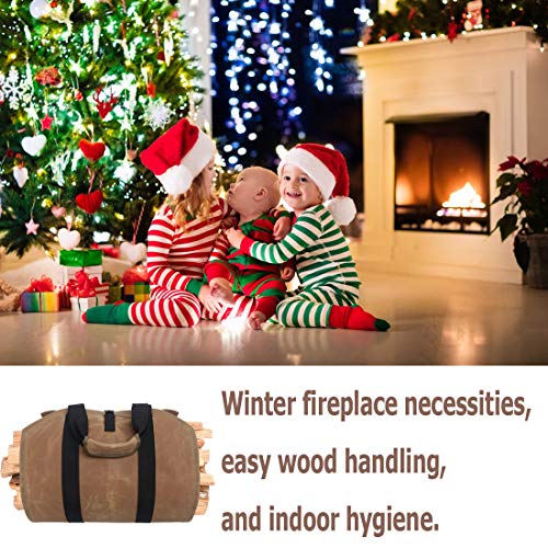 GERYMU Firewood Carrier Waxed Canvas, Tote Bag Waterproof, Fireplace Tools Wood Rack Indoor Outdoor, Fire Pit Log Accessories (Khaki)