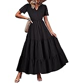 TIYOMI Plus Size Dress for Curvy Women Summer Casual Audrey Hepburn Black Long Dresses Short Sleeve V Neck Pleated Flowy Maxi Dress 2XL 18W 20W