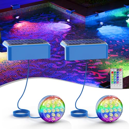 Quntis Set of 2 Solar Pool Lights, LED Solar Pool Lights with Remote Control [Multicoloured & Warm White] for Spa, Aquarium, Garden, Fountain, Party, IP68 Waterproof Solar Pool Lights, 1500 mAh