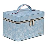 EVE'S LOVE Makeup Train Case with Mirror Zipper Brush Holders and PU Leather Professional Portable Cosmetic Bag Organizer for Girl Women Travel Shopping