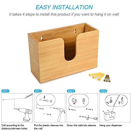 Bamboo Paper Towel Dispenser for Bathroom Decor - C-fold Wall Mounted Countertop Paper Holder with Bamboo Utensil Holder