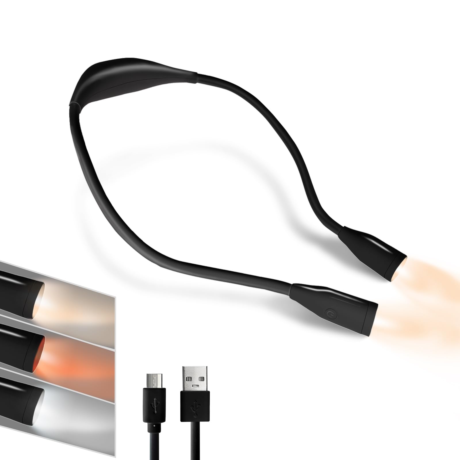 TINYOUTH Black Neck Lamp for Reading, 1000mAh USB Rechargeable Book Neck Light Knitting Light with 3 Light Modes Stepless Dimming for Fishing Repairing Sewing Craftwork Crocheting