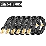 Cat 7 Shielded Ethernet Cable 5 ft 6 Pack Black (Highest Speed Cable) Cat7 Flat Ethernet Patch Cables - Internet Cable for Modem, Router, LAN, Computer - Compatible with Cat 5e，Cat 6 Network