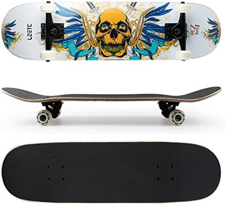 LZETC Complete 8-inch Double-Kick Skateboard , Canadian Maple Wood PU Wheels with Free Gifts Halloween (Skeleton Art)