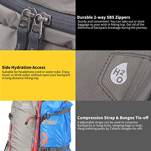 TFO 40L Hiking Backpack Daypack with 4 Adjustable Compression Straps Water Resistant S-Shape Shoulder Strap Gray - Thumbnail 3
