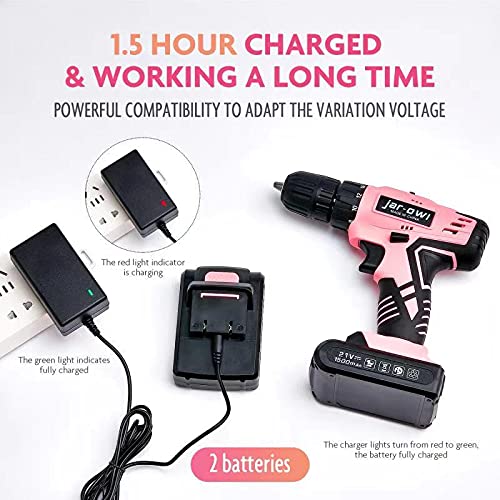 jar-owl 21V Pink Tool Set with Drill, Cordless Drill/Driver Set with 3/8 Inch Keyless Chuck,1.5AH 2PCS Battery and Charger for Home Tool Kit