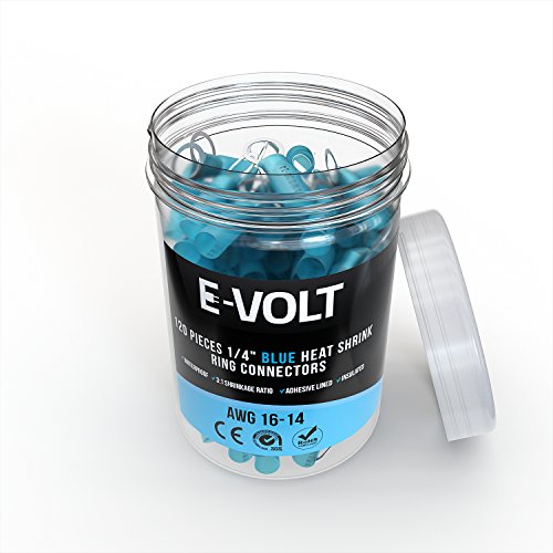 120 PC 1/4" Blue Heat Shrink Ring Crimp Connectors: 16-14 Gauge Bulk Electrical Terminals - Insulated 16 14 AWG Automotive, Marine, Audio, and Industrial Grade. Hot Melt Adhesive Eyelet Splice Jar Set