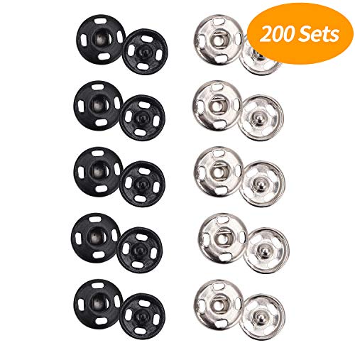Senkary 200 Sets Sew-On Snaps, 10 mm Snap Buttons Metal Snap Fasteners Press Studs for Clothes, Sewing Clothing, Jeans, Jackets (Black and Silver)