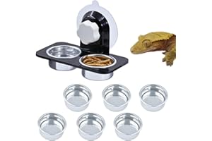 MRTIOO Enhanced Crested Gecko Feeding Ledge, with 6 Metal Food Cups, Reptile Amphibian Food Bowls and Water Dish, for Lizard Or Other Small Pet Feeder Ledge Accessories Supplies - 6 Silver Cups