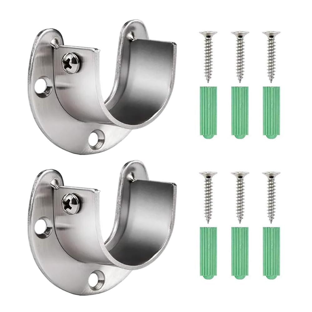 Closet Pole Sockets,2 pcs Stainless Steel Curtain Rail Brackets Curtain Pole Holders Wardrobe Rail and Fittings Wardrobe Pole Brackets,U Flange Rod Bracket for Ceiling Shower Rod (32mm)