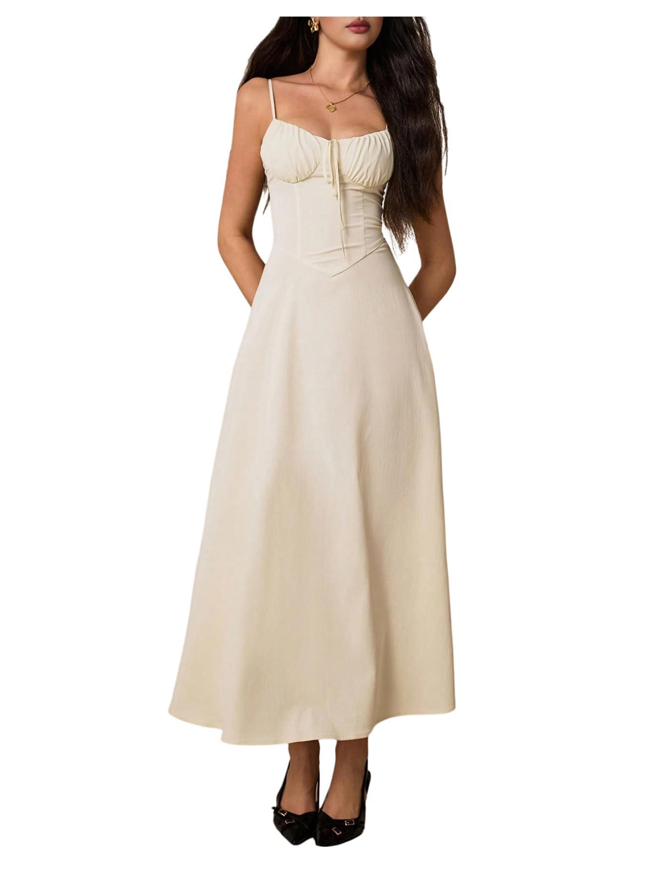 Photo 1 of Floerns Women's Summer Long Dress Sleeveless Lace Up Corset Date Night A Line Maxi Dresses Apricot Large
