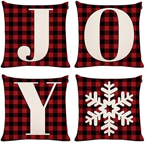GTEXT 4 Pack Christmas Throw Pillow Cover Holiday Decor Joy Snowflake Pillow Cover Cuhion Cover Case for Couch Sofa Home Decoration Pillows Linen 18 X 18 Inches