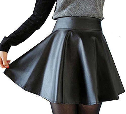 Womens High Waist Faux Leather Stretchy Flared Skater Skirt (Asian Tag XS, black)