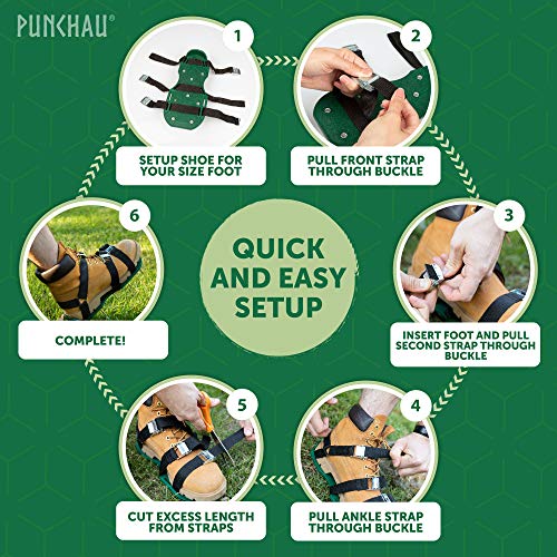 Punchau Lawn Aerator Shoes with Metal Buckles and 3 Straps with Added Ankle Support Strap - Heavy Duty Spiked Sandals for Aerating Your Lawn or Yard