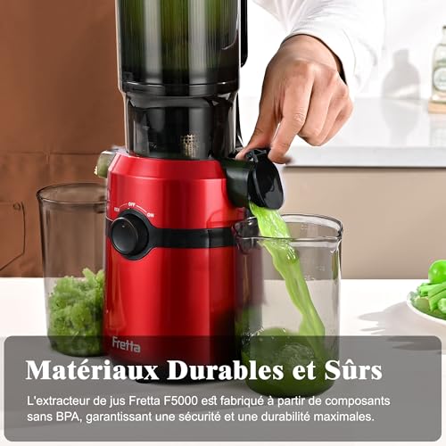 Juice Extractor, Fretta Juice Extractor for Whole Fruits and Vegetables, Large Opening 108 mm Slow Juicer, 1L Capacity, Cold Pressure, Easy to Clean, BPA-Free, 200 W (Red)