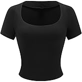 winkbay Women's Summer Square Neck Crop Tops Dressy Casual Short Sleeve Fitted T Shirts