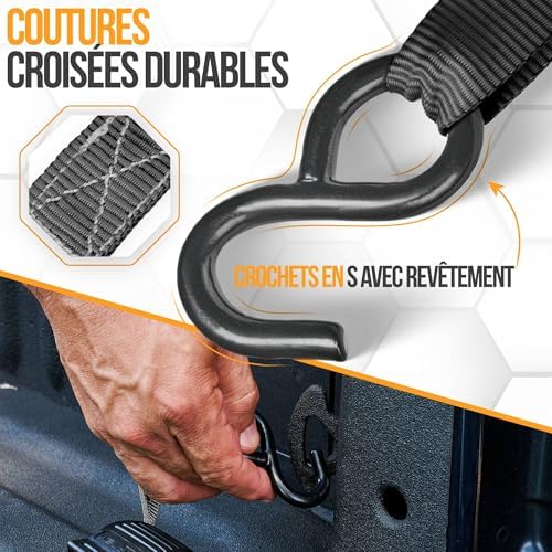 Sangles d'Arrimage, Résistance 748 kg, 4 Sangles de Remorquage de 4,5 m, 4 Boucles Souples, Sangles Arrimage Moto, Anse Caoutchouc, Crochets Métal Enduit, Sac de Transport (Noir)