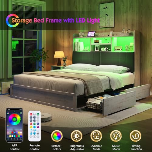 Jocisland Queen Farmhouse Bed Frame with Bookcase Headboard and 4 Drawers, LED Storage Bed with Charging Station & Linen Upholstered, No Box Spring Needed, Distressed White