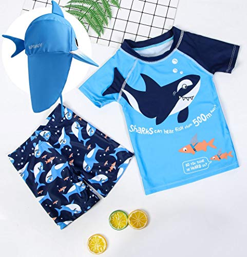 Baby Toddler Boys Two Piece Rash Guard Swimsuits Kids Short Sleeve Sunsuit Swimwear Sets with Hat UPF 50+ Blue Shark (18-24 Months)