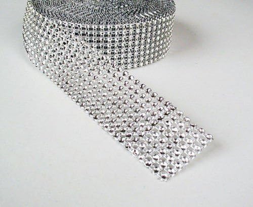 Good Project Arts and Crafted Sewing Trim Rhinestones Sequins Plastic 1.5" Wide Silver Diamond Rhinestone Crystal Mesh Ribbons Wrap Roll 8 Rows for Cakes Wedding Party Decorations (5 yard)
