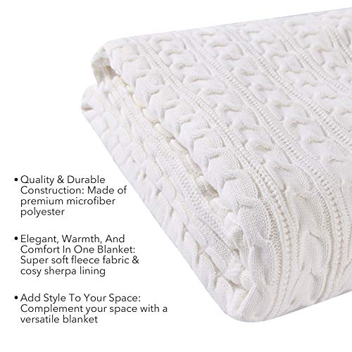Premium Knit Sherpa Throw Blanket - 51"x 62" Reversible Fleece - Blanket for Bed and Couch - Off White Sherpa Blankets - Cream Knitted Throw Blanket