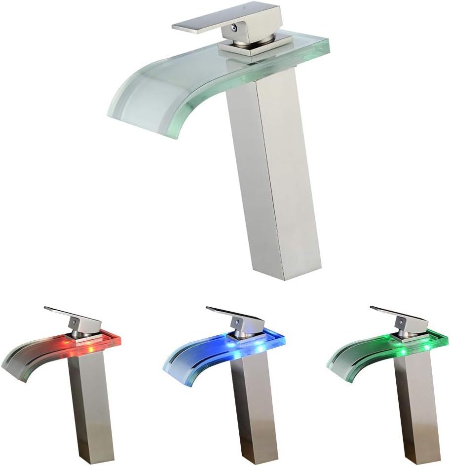 Moli Glass Spout Waterfall Sink Tall Faucet Temperature Control LED Bathroom Water Tap Brush Nickel Finish F202N