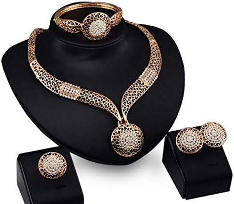 18 K Gold Plated Australia Crystal Metal Hollow Pattern Rhinestone Pendant Statement Necklace Earrings Jewelry Sets