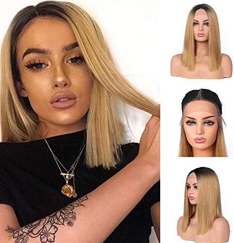 Lace Front Wig Straight Ombre Blonde Wigs Synthetic Short Bob Hair with Black Roots Heat Resistant Fiber Wig(15inches)
